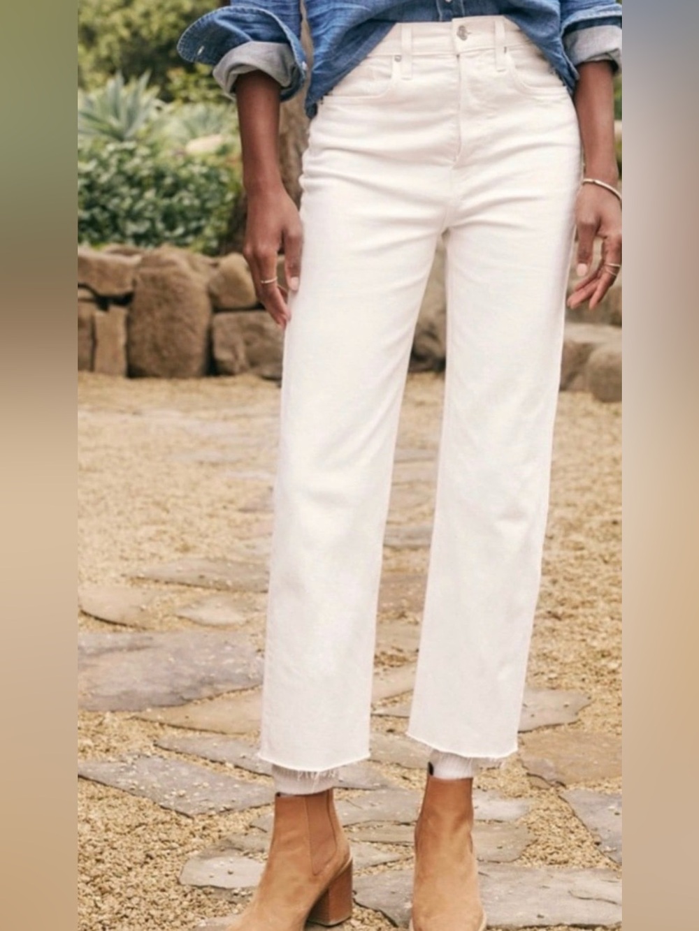 Frank & Eileen "Monaghan" Cropped Button Fly High- Rise Off White/Ivory Jeans 27